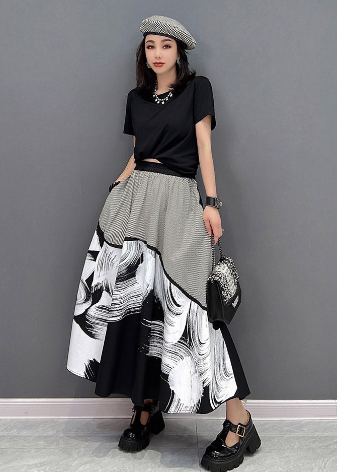 Fashion Black Pockets Print Patchwork Skirts Summer