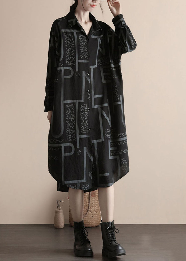 Fashion Black Print Button Patchwork Linen Shirts Dress Spring