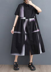 Fashion Black Print Patchwork Drawstring Button Maxi Dress Summer