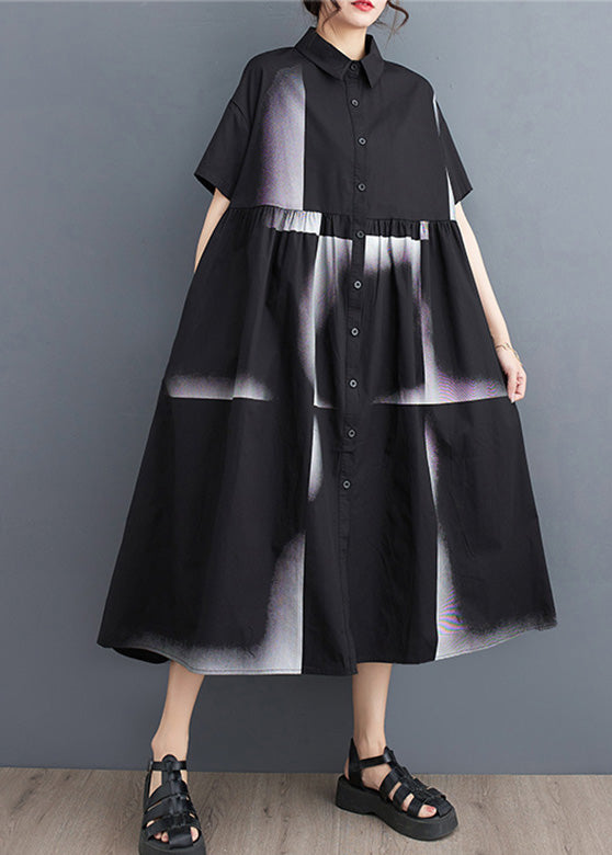 Fashion Black Print Patchwork Drawstring Button Maxi Dress Summer