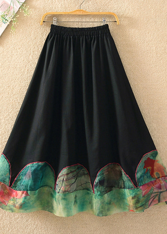 Fashion Black Print Patchwork Elastic Waist Skirt Summer
