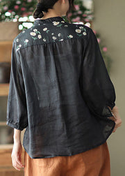 Fashion Black Print Patchwork Linen Shirt Three Quarter sleeve