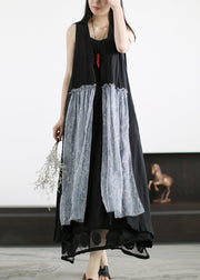 Fashion Black Print Silk Patchwork Linen Waistcoat And Spaghetti Strap Dress Two Piece Set Summer