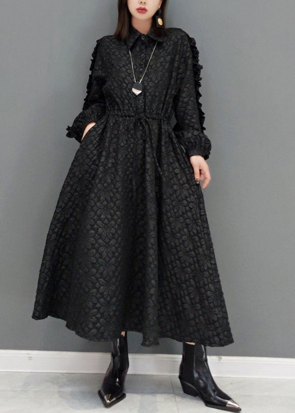 Fashion Black Ruffled Jacquard Patchwork Cotton Long Dress Fall
