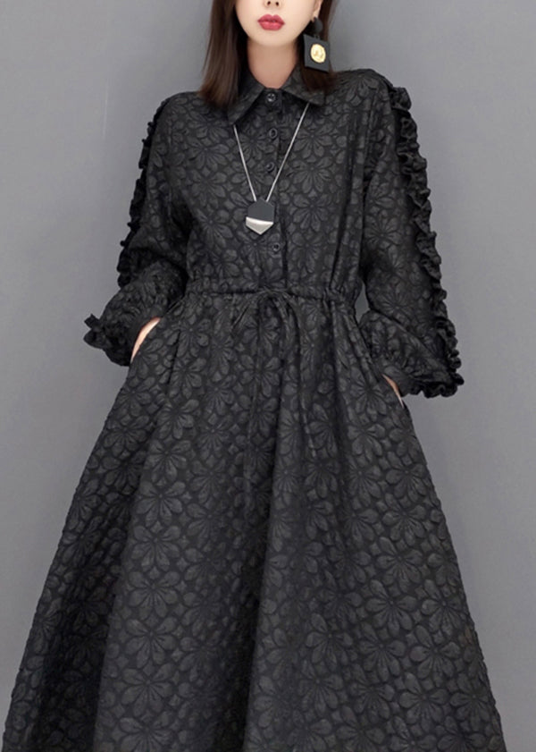 Fashion Black Ruffled Jacquard Patchwork Cotton Long Dress Fall