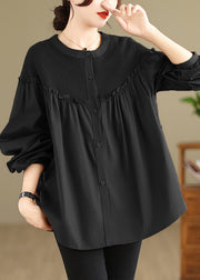 Fashion Black Ruffled Patchwork Button Top Spring