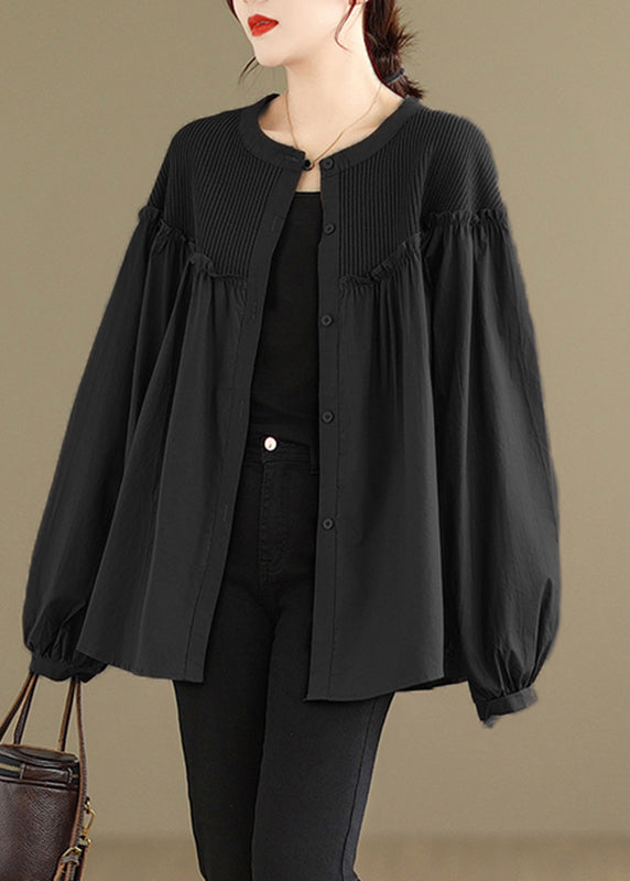 Fashion Black Ruffled Patchwork Button Top Spring