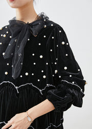 Fashion Black Ruffled Patchwork Nail Bead Silk Velour Maxi Dresses Fall