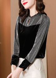 Fashion Black Ruffled Patchwork Silk Velour Shirt Top Spring