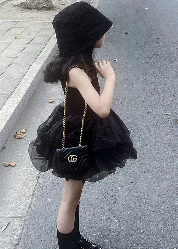 Fashion Black Ruffled Patchwork Tulle Kids Girls Robe Dresses Summer
