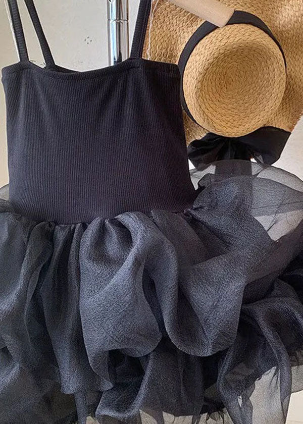 Fashion Black Ruffled Patchwork Tulle Kids Girls Robe Dresses Summer