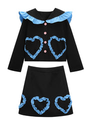 Fashion Black Sailor Collar Ruffled Top And Skirts Two Piece Set Fall