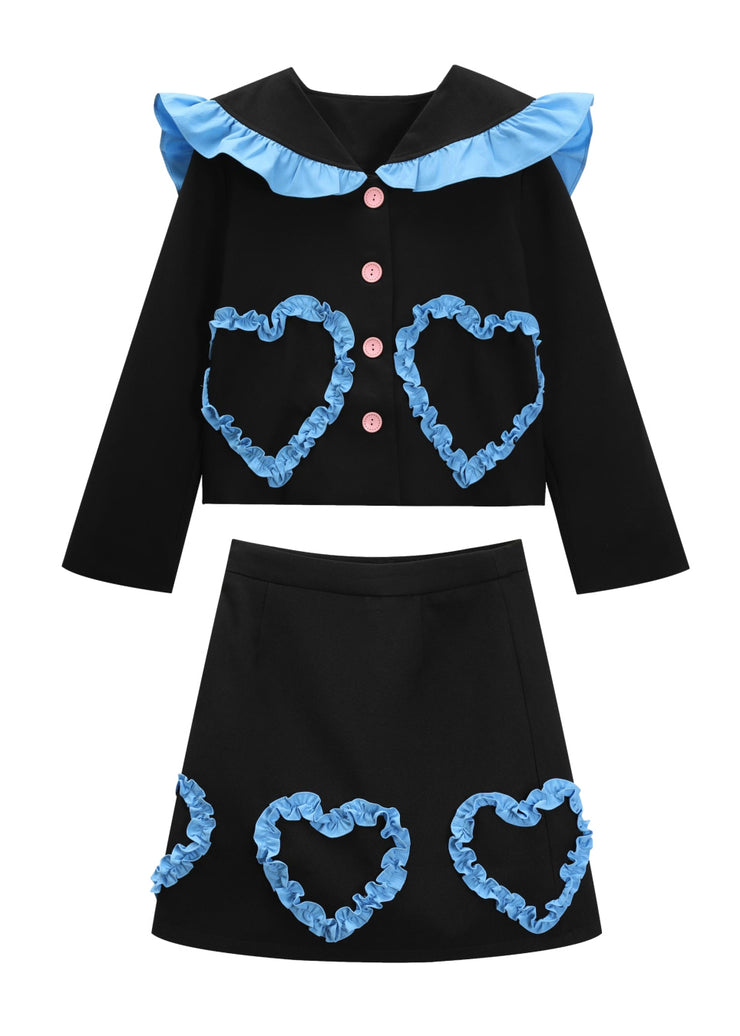 Fashion Black Sailor Collar Ruffled Top And Skirts Two Piece Set Fall