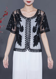 Fashion Black Sequins Embroidered Tulle Cardigans Summer