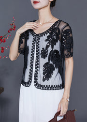 Fashion Black Sequins Embroidered Tulle Cardigans Summer