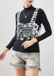Fashion Black Sequins Vest And Shirts Cotton Two Piece Set Women Clothing Spring