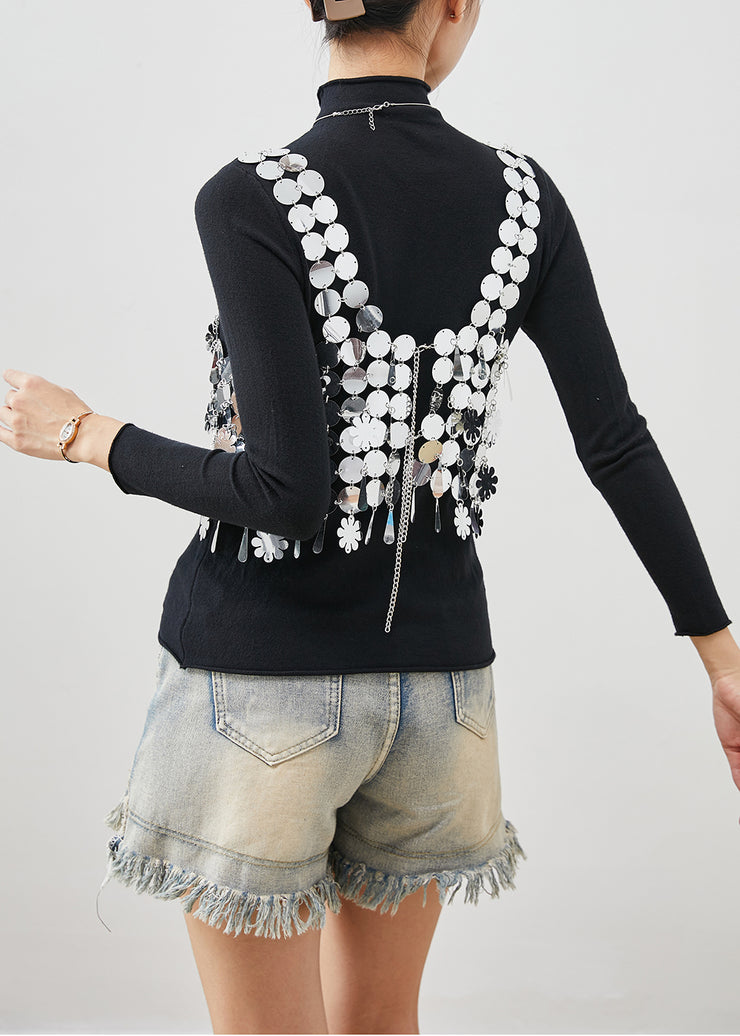 Fashion Black Sequins Vest And Shirts Cotton Two Piece Set Women Clothing Spring