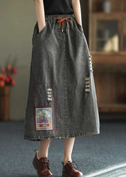 Fashion Black Side Open Embroidered Pockets Cotton Denim Ripped Skirt Summer
