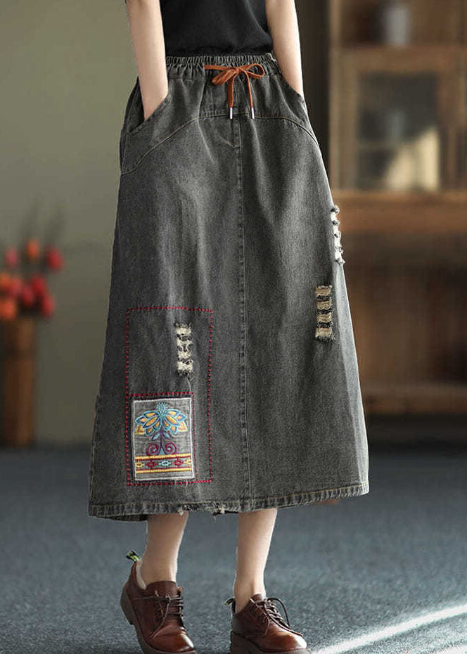 Fashion Black Side Open Embroidered Pockets Cotton Denim Ripped Skirt Summer