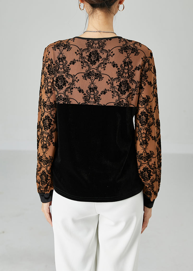 Fashion Black Square Collar Patchwork Jacquard Silk Velour Shirt Top Spring