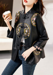 Fashion Black Stand Collar Embroidered Button Faux Leather Coats Fall