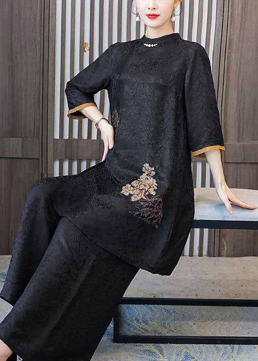 Fashion Black Stand Collar Embroidered Silk Tops And Pants Outfit Summer