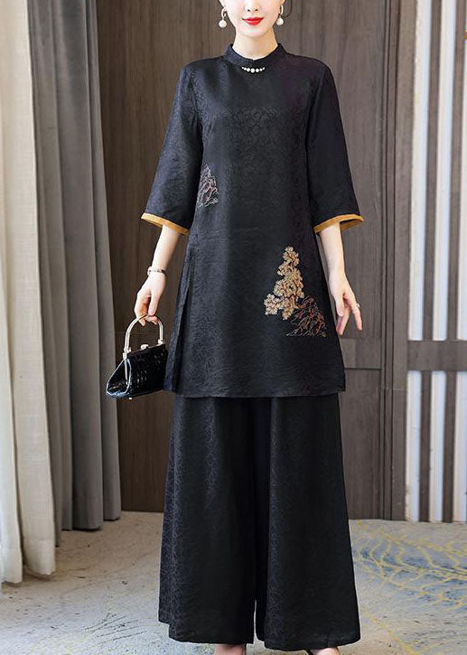 Fashion Black Stand Collar Embroidered Silk Tops And Pants Outfit Summer