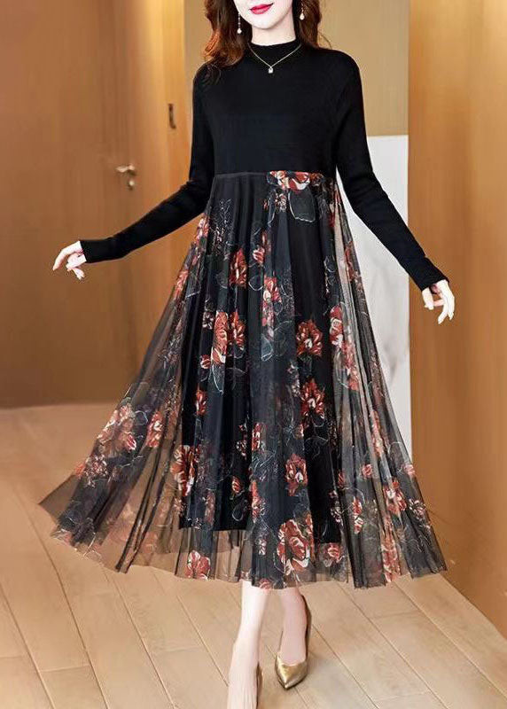 Fashion Black Stand Collar Patchwork Tulle Knit Long Dress Spring