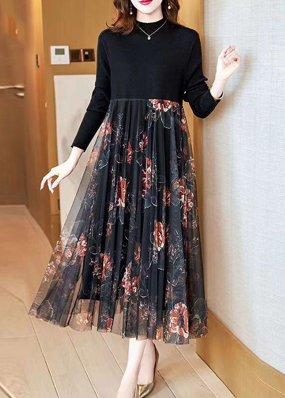 Fashion Black Stand Collar Patchwork Tulle Knit Long Dress Spring