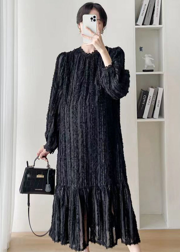 Fashion Black Stand Collar WrinkledPatchwork Lace Dress Fall