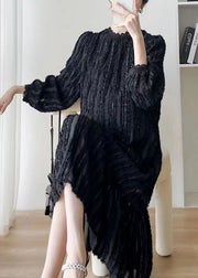 Fashion Black Stand Collar WrinkledPatchwork Lace Dress Fall