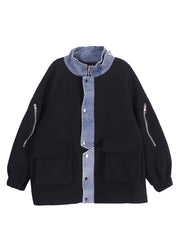 Fashion Black Stand Collar Zippered Button Pockets Denim Patchwork Coats Long Sleeve