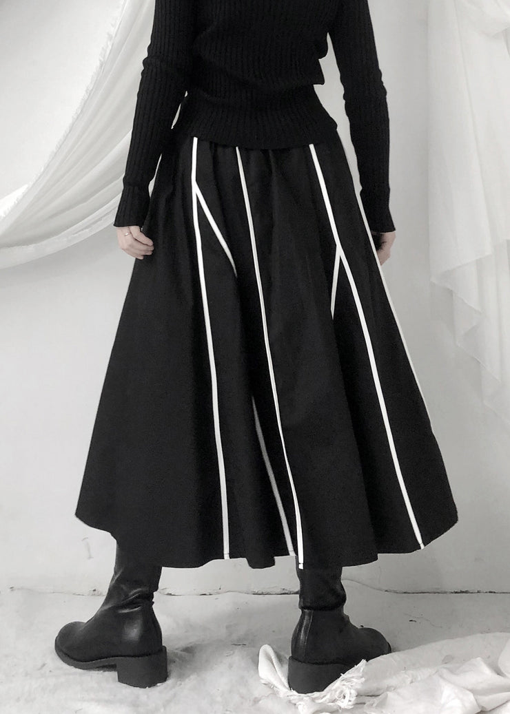 Fashion Black Striped Patchwork Pockets Elastic Waist Skirt Fall