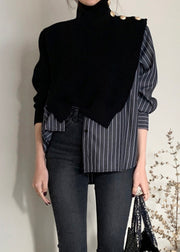 Fashion Black Striped Turtleneck Asymmetrical Knit Patchwork Button Shirt Spring