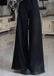 Fashion Black Tasseled Pockets Denim Wide Leg Pants Spring