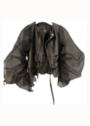 Fashion Black Tulle Puff Sleeve Zippered Patchwork Faux Leather Jackets