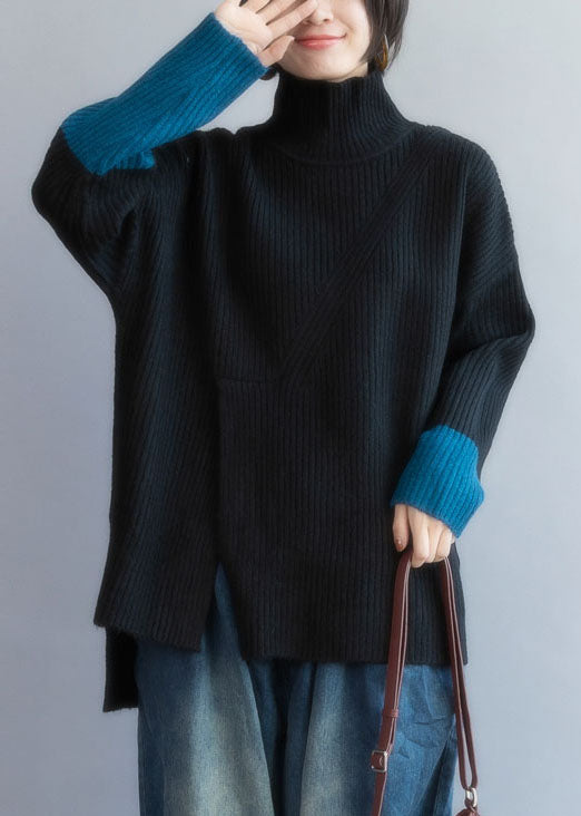 Fashion Black Rollkragen Patchwork Seite offen Lazy Knit Pullover Winter