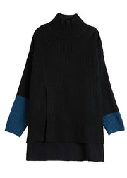 Fashion Black Rollkragen Patchwork Seite offen Lazy Knit Pullover Winter