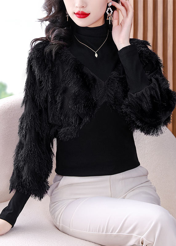 Fashion Black Turtleneck Fuzzy Fur Fluffy Patchwork Fake Two Pieces Tops Fall
