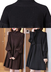 Fashion Black Turtleneck Patchwork Wrinkled Knit Dress Lantern Sleeve