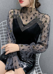 Fashion Black Turtleneck Print Wrinkled Tulle Patchwork Velour Top Bottoming Shirt