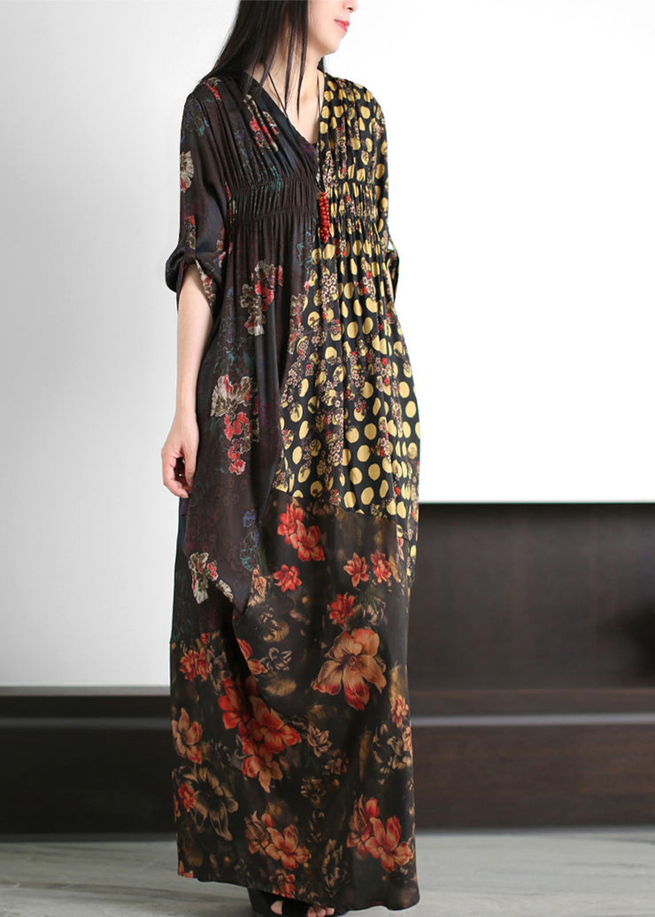 Fashion Black V Neck Asymmetrical Print Wrinkled Silk Maxi Dress Summer