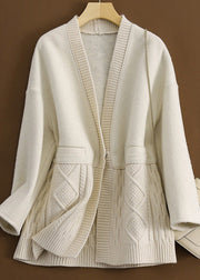 Fashion Black V Neck Button Knit Patchwork Woolen Coats Long Sleeve