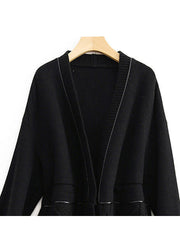 Fashion Black V Neck Button Knit Patchwork Woolen Coats Long Sleeve