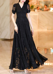 Fashion Black V Neck High Waist Tulle Patchwork Chiffon Long Dress Summer