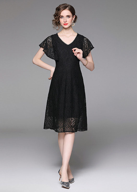 Fashion Black V Neck Hollow Out Patchwork Lace Mid Dress Butterfly Sleeve
