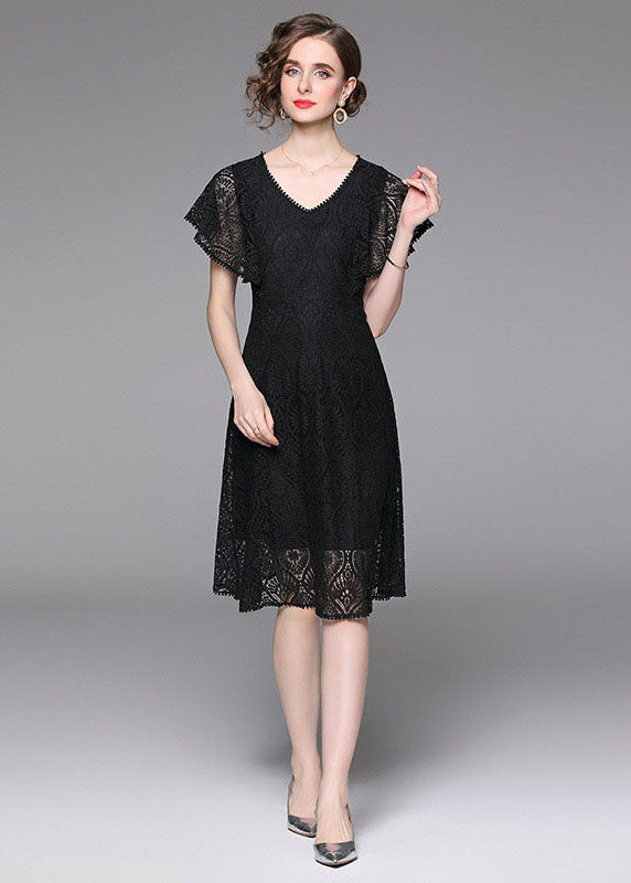 Fashion Black V Neck Hollow Out Patchwork Lace Mid Dress Butterfly Sleeve