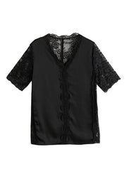 Fashion Black V Neck Lace Patchwork Solid Top Short Sleeve