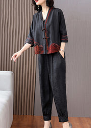 Fashion Black V Neck Patchwork Button Cardigans And Crop Pants Silk Two Pieces Set Long Sleeve