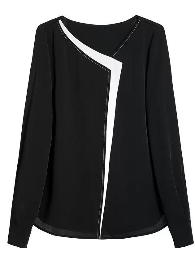 Modisches schwarzes Patchwork-Chiffon-Hemd mit V-Ausschnitt und langen Ärmeln
